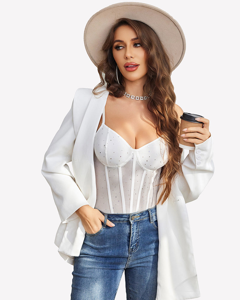 White sparkle sheer mesh bodysuit with underwire cups and vertical corset stripes