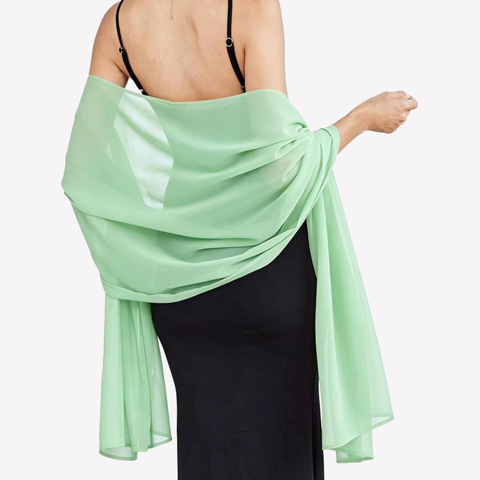 Ice green sheer chiffon shawl scarf wrap with flowing drape and gathered twist at shoulder