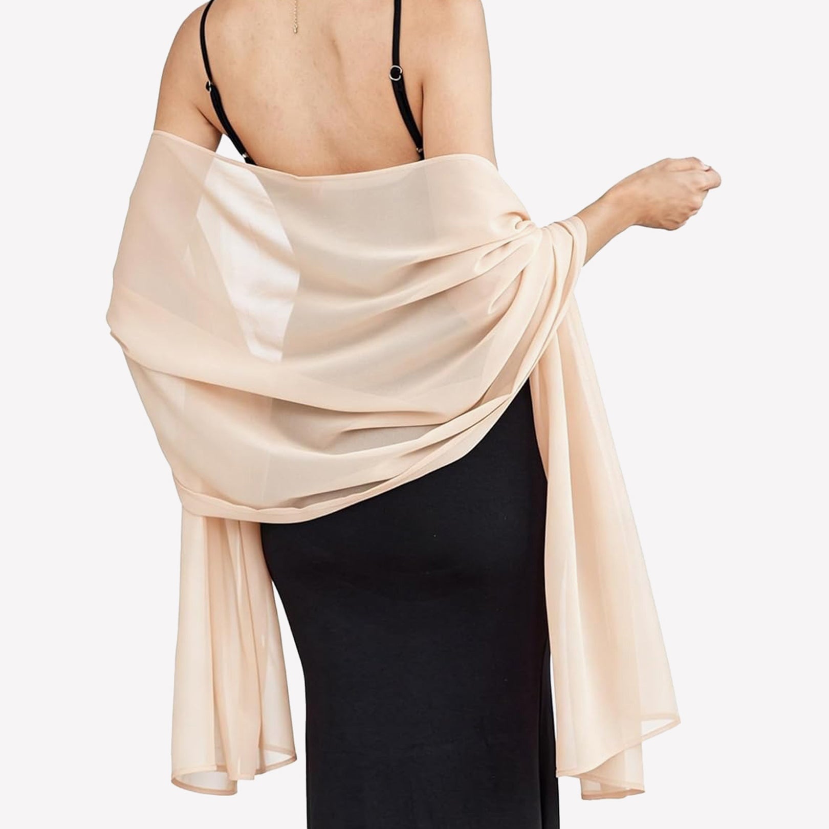 Champagne sheer chiffon shawl scarf wrap with flowing drape and gathered twist at shoulder