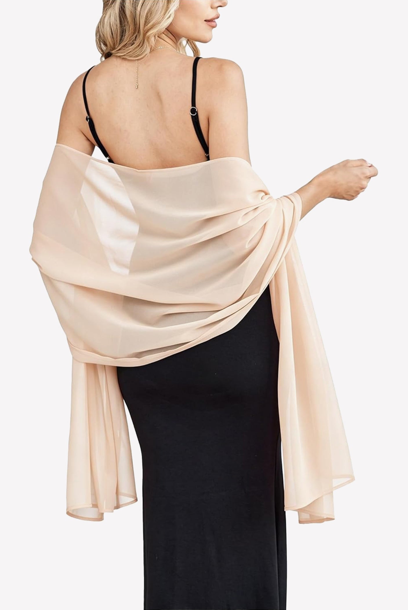 Champagne sheer chiffon shawl scarf wrap with flowing drape and gathered twist at shoulder