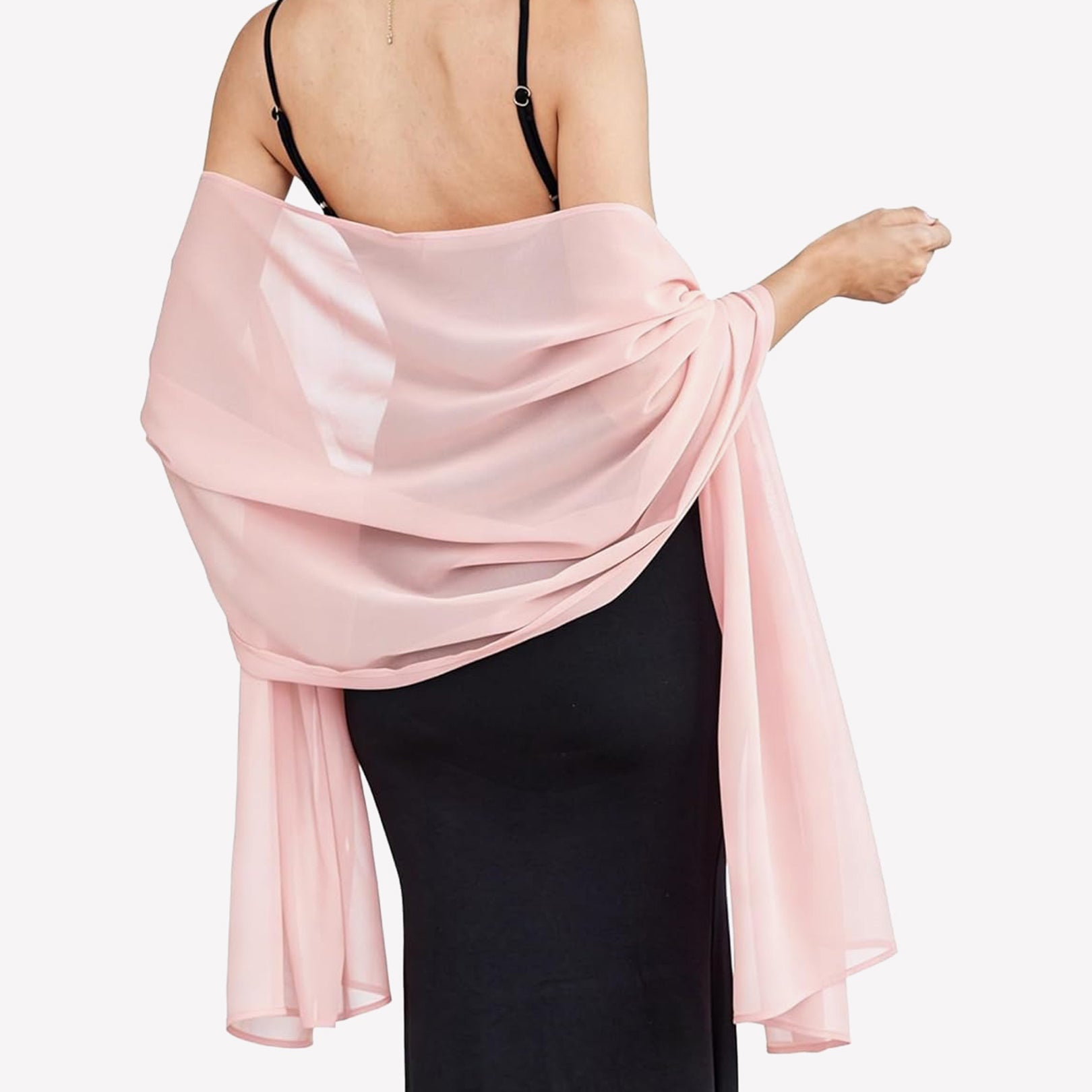Light pink sheer chiffon shawl scarf wrap with flowing drape and gathered twist at shoulder