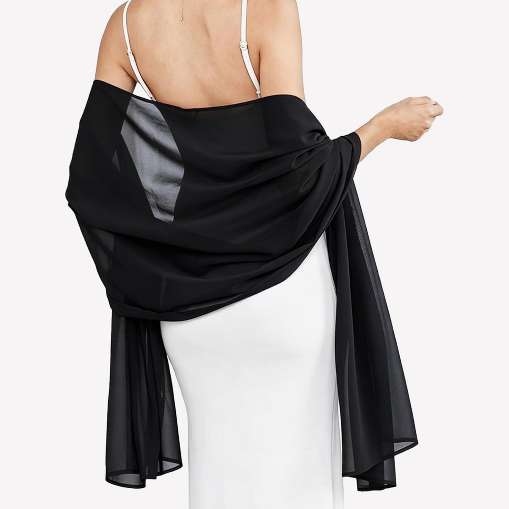 Black sheer chiffon shawl scarf wrap with flowing drape and gathered twist at shoulder