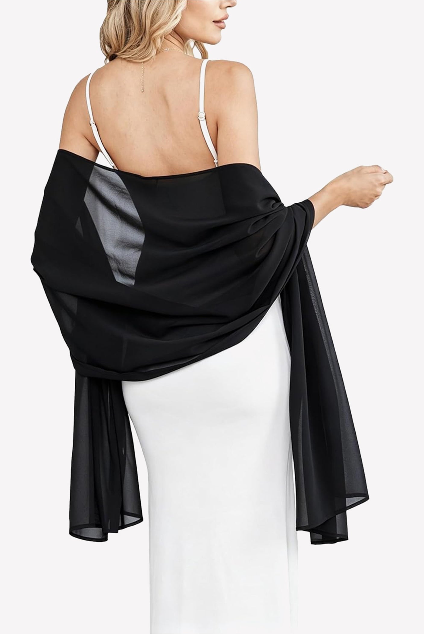 Black sheer chiffon shawl scarf wrap with flowing drape and gathered twist at shoulder
