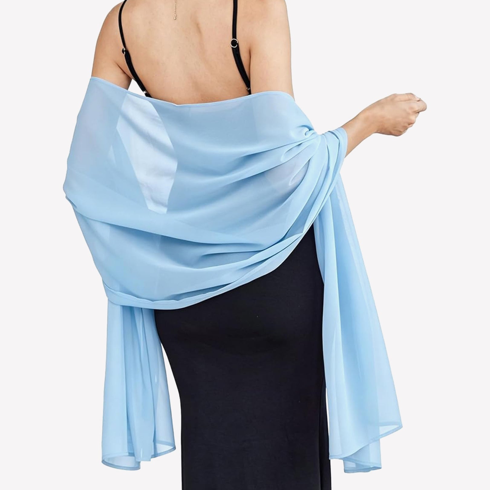 Light blue sheer chiffon shawl scarf wrap with flowing drape and gathered twist at shoulder