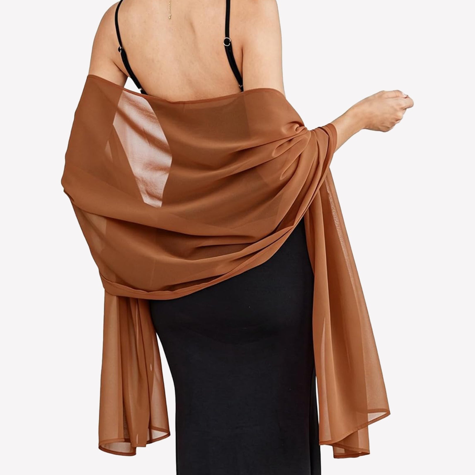 Light brown sheer chiffon shawl scarf wrap with flowing drape and gathered twist at shoulder