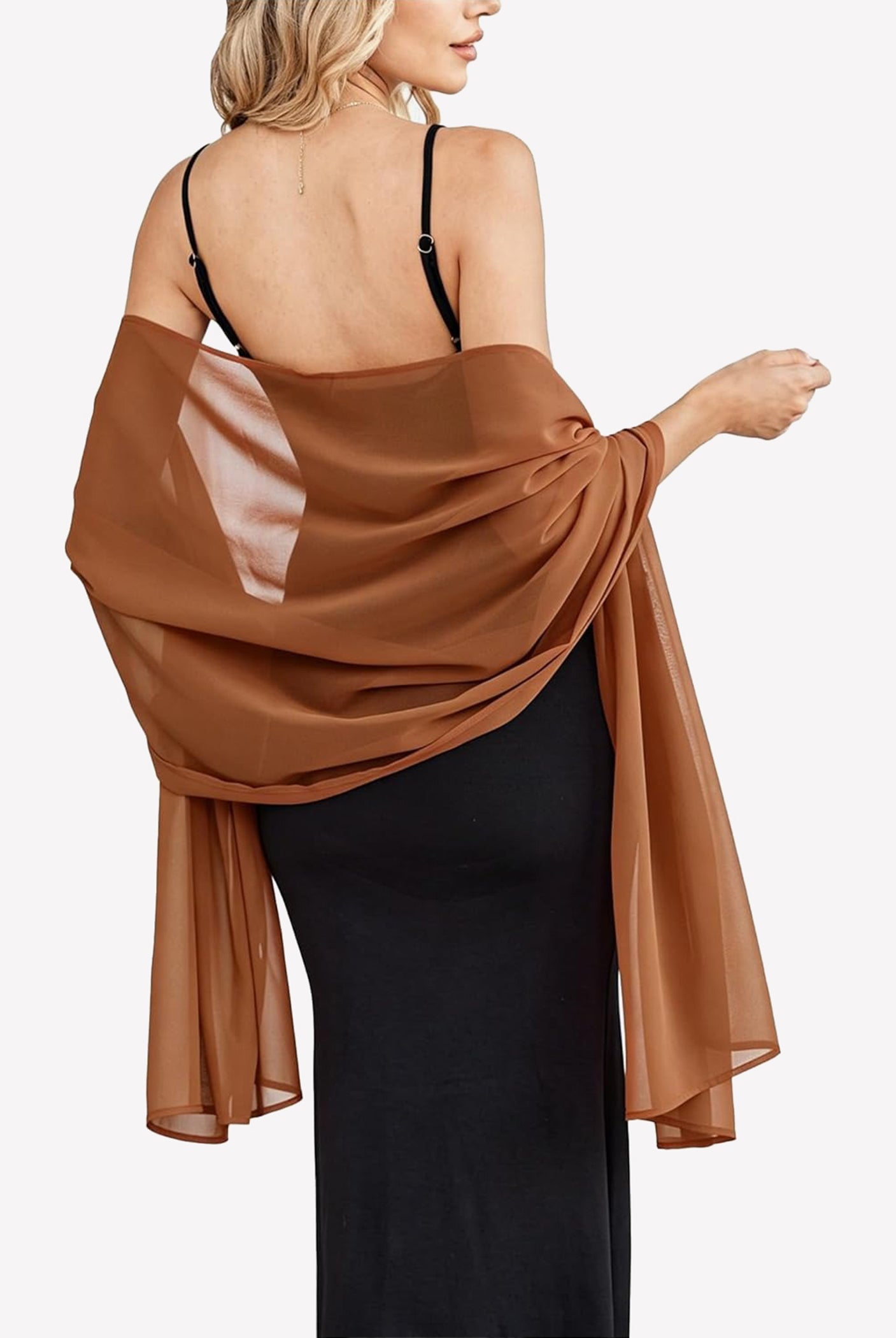 Light brown sheer chiffon shawl scarf wrap with flowing drape and gathered twist at shoulder
