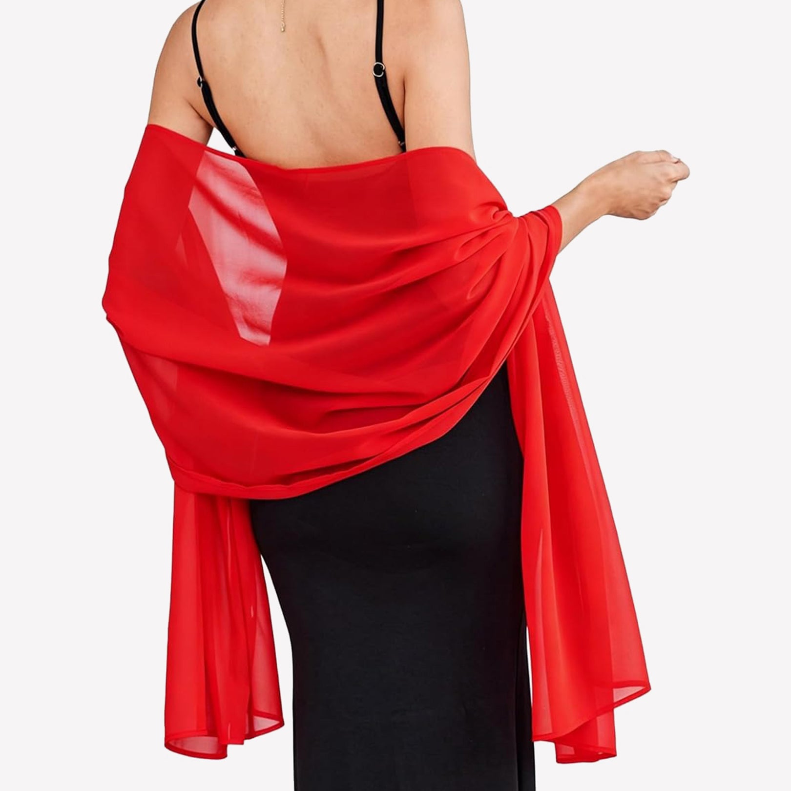 Red sheer chiffon shawl scarf wrap with flowing drape and gathered twist at shoulder