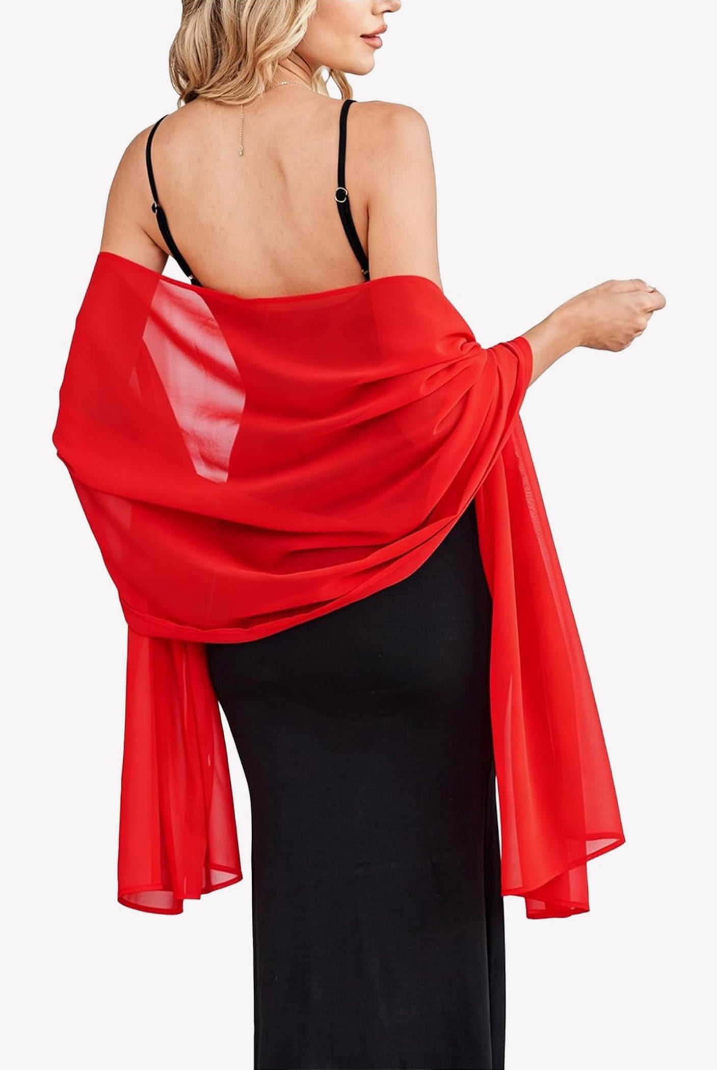 Red sheer chiffon shawl scarf wrap with flowing drape and gathered twist at shoulder