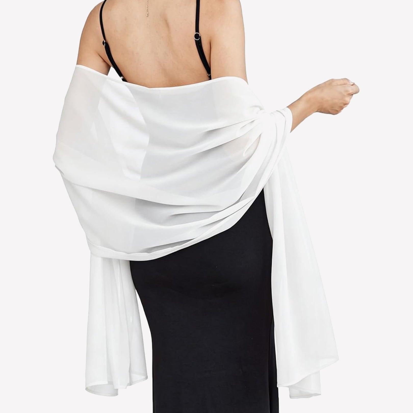 White sheer chiffon shawl scarf wrap with flowing drape and gathered twist at shoulder