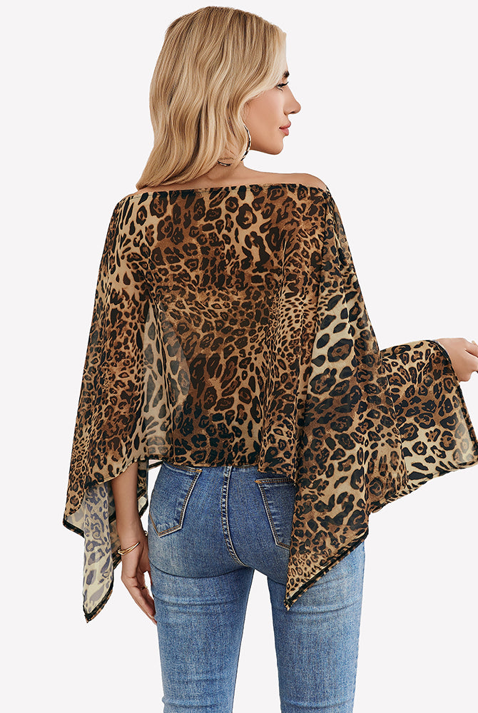 Leopard print off-shoulder chiffon blouse with loose batwing sleeves and draped back.