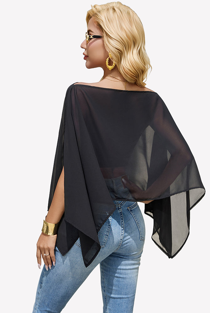 Black off-shoulder chiffon blouse with flowy batwing sleeves and draped back coverage.