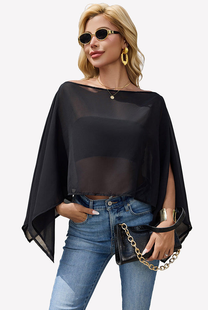 Black off-shoulder chiffon blouse with loose batwing sleeves and cropped drape.