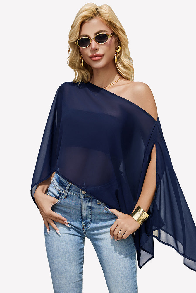 Navy blue off-shoulder chiffon blouse with batwing sleeves and draped asym hem.