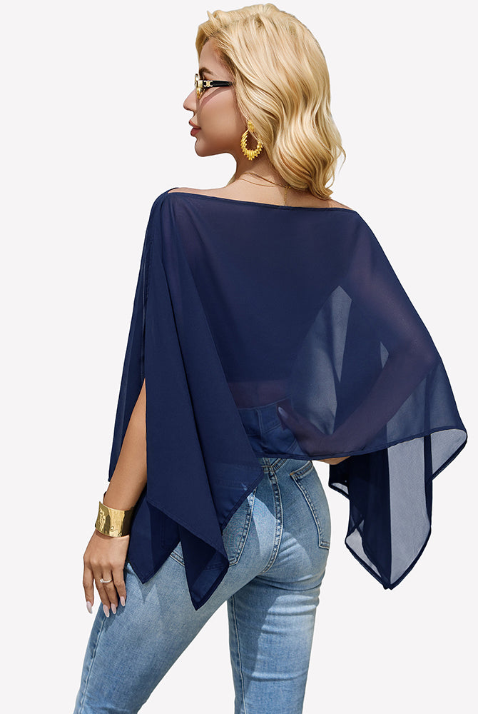 Off-shoulder chiffon blouse in dark navy, flowy batwing sleeves with draped back.