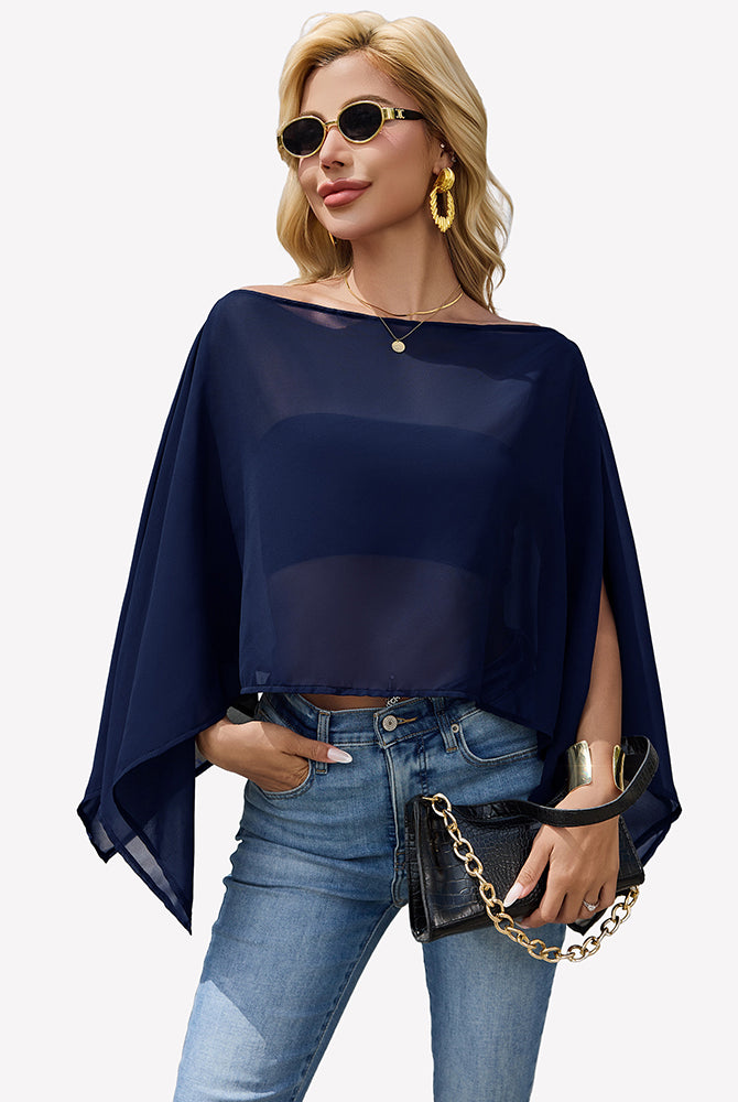 Dark navy off-shoulder chiffon blouse with loose batwing sleeves and flowing silhouette.