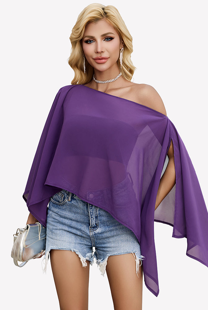 Purple off-shoulder chiffon blouse with batwing sleeves and draped asym hem.