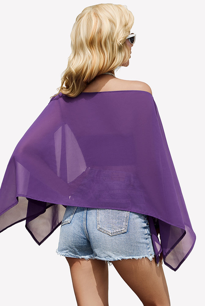 Off-shoulder chiffon blouse in purple, loose batwing sleeves and draped back view.