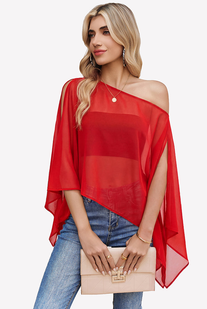 Red off-shoulder chiffon blouse with batwing sleeves and flowing drape