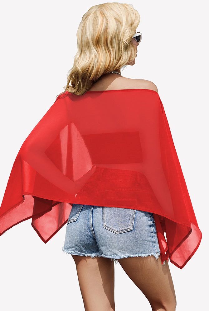 Red off-shoulder chiffon blouse, back view, cape-like batwing sleeve drape