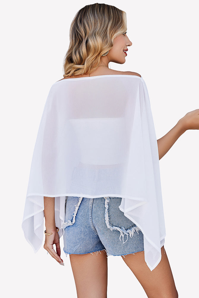 White off-shoulder chiffon blouse, back view, flowing batwing sleeve drape
