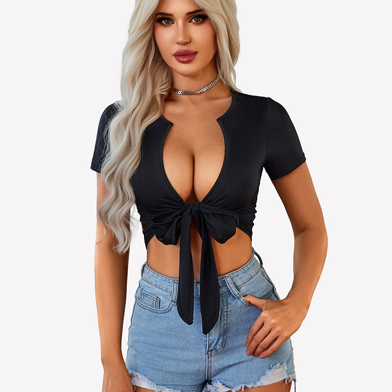 Tie Front Crop Tops Short Sleeve Shirts