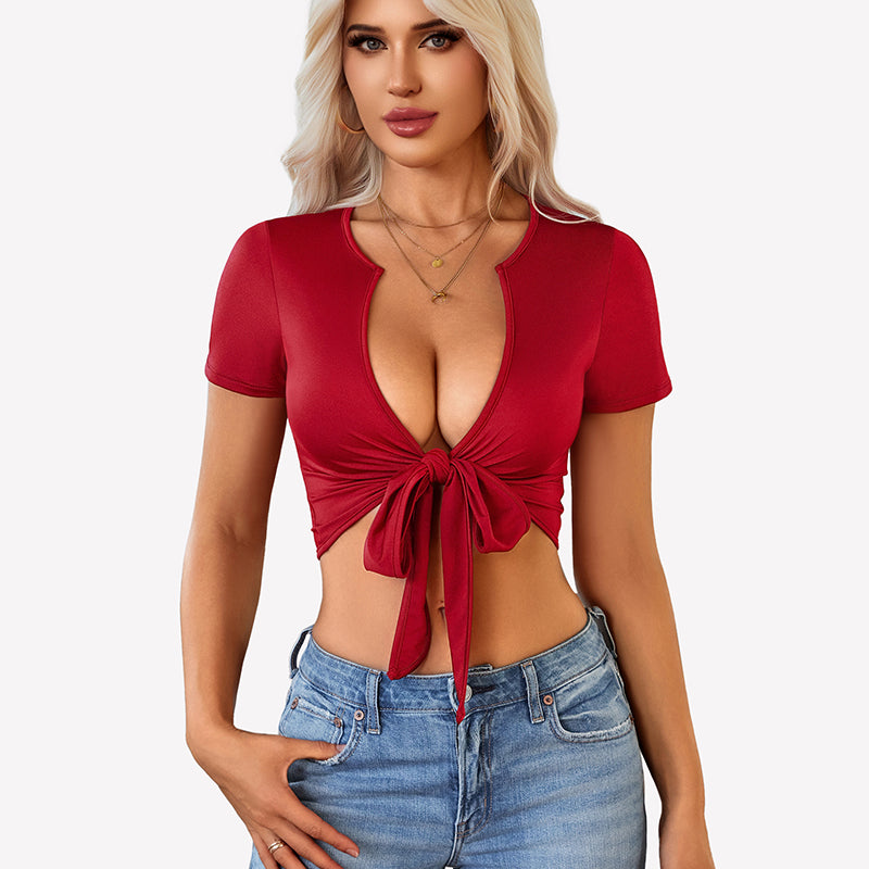 Tie Front Crop Tops Short Sleeve Shirts