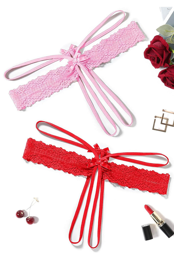 Lace hollow-out thong G-string with bow ties, pink and red