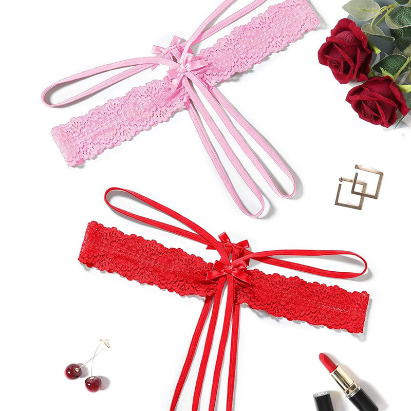 Pink and red lace G-string thongs with bows and long tie straps