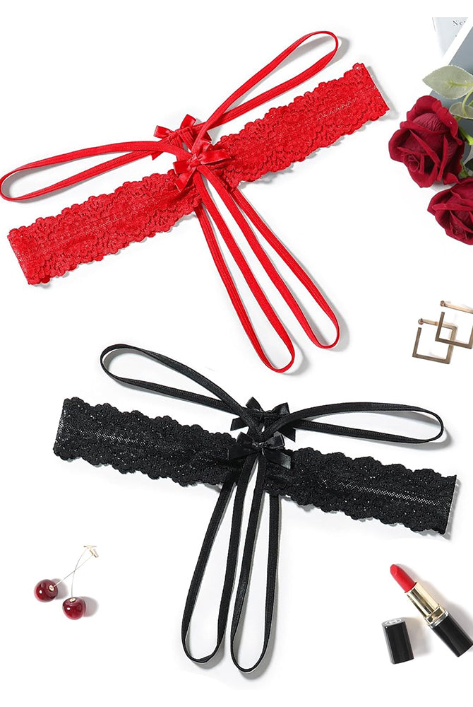 Lace hollow-out thong G-string with bow ties, red and black