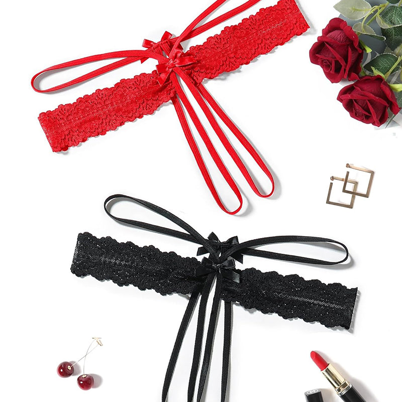 Red and black lace G-string thongs with bows and long tie straps