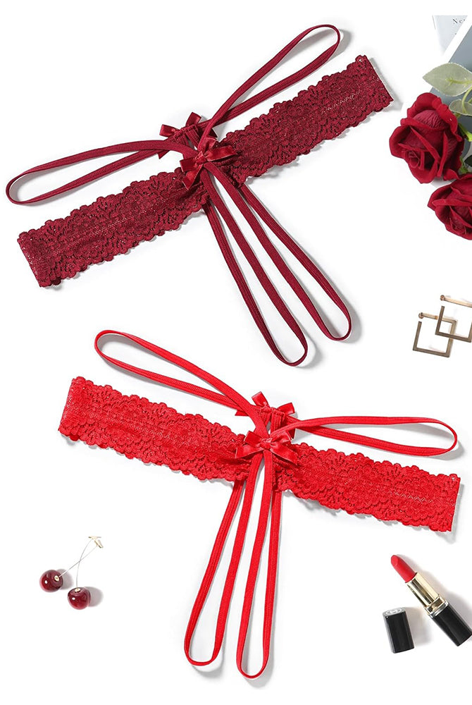 Lace hollow-out thong G-string with bow ties, burgundy and red