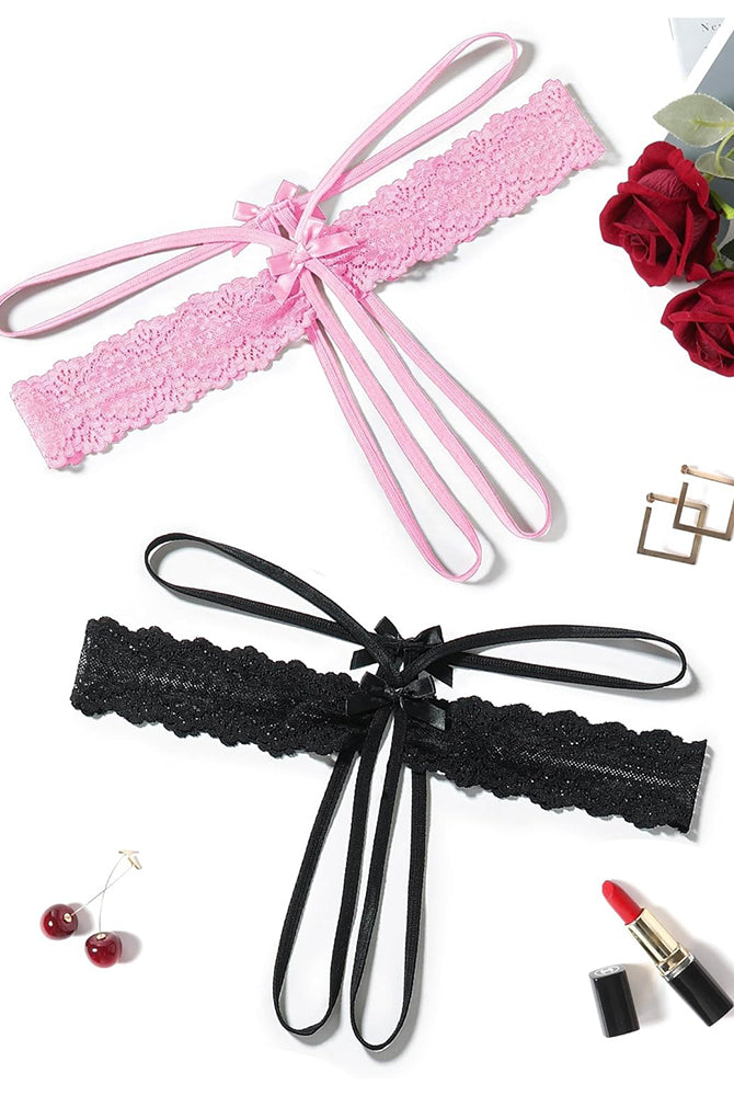 Lace hollow-out thong G-string with bow ties, pink and black