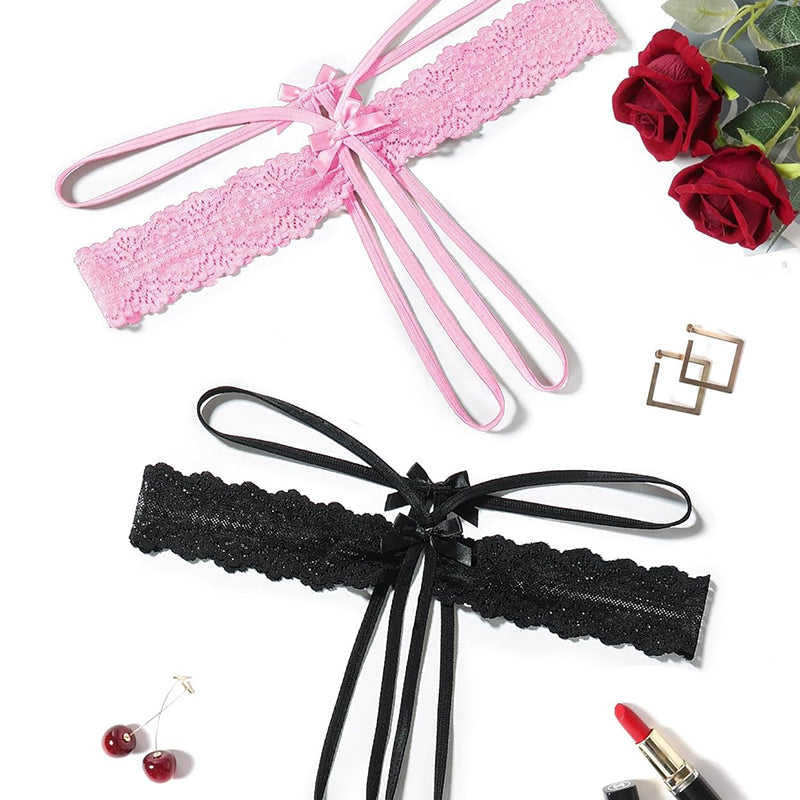 Pink and black lace G-string thongs with bows and long tie straps