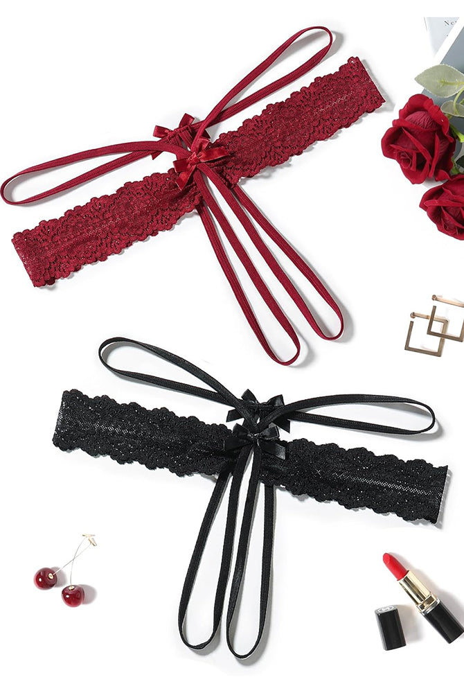 Lace hollow-out thong G-string with bow ties, burgundy and black
