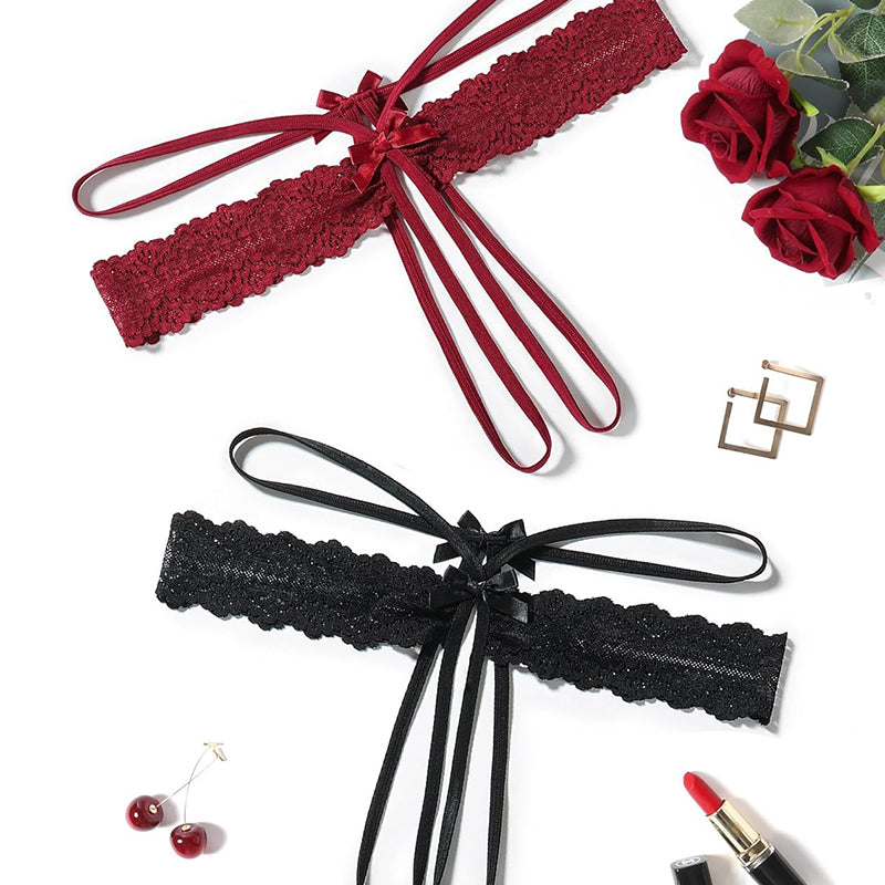 Lace thong G-string set with bow ties, burgundy and black lace.