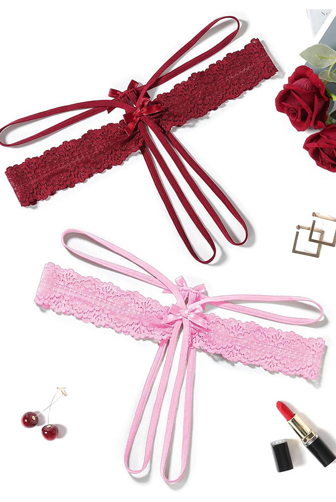 Lace hollow-out thong g-string underwear in dark red with bow and tie straps