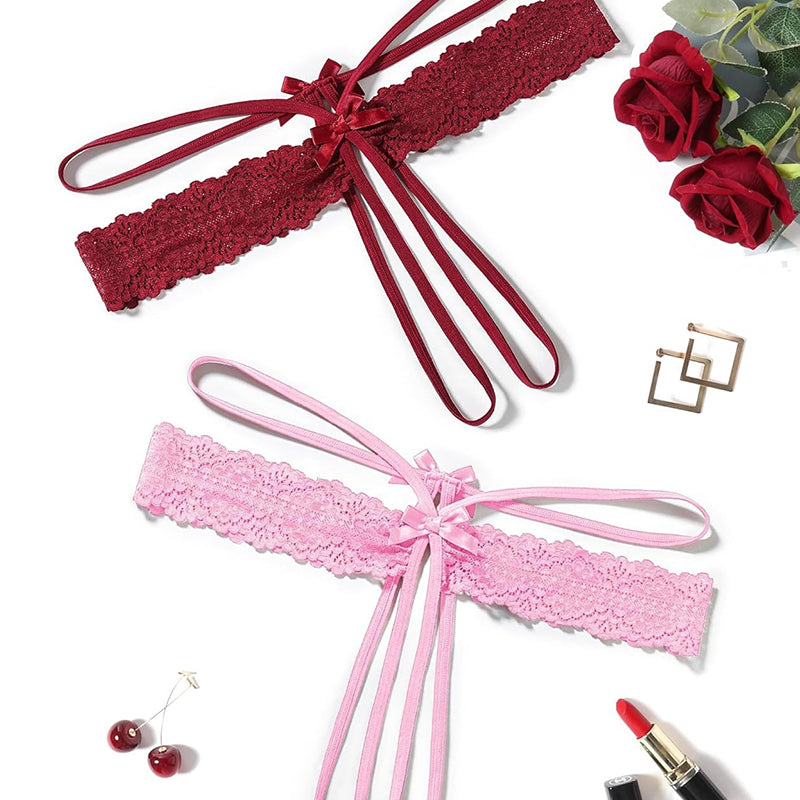 Lace thong G-string set with bow ties, burgundy and light pink lace.