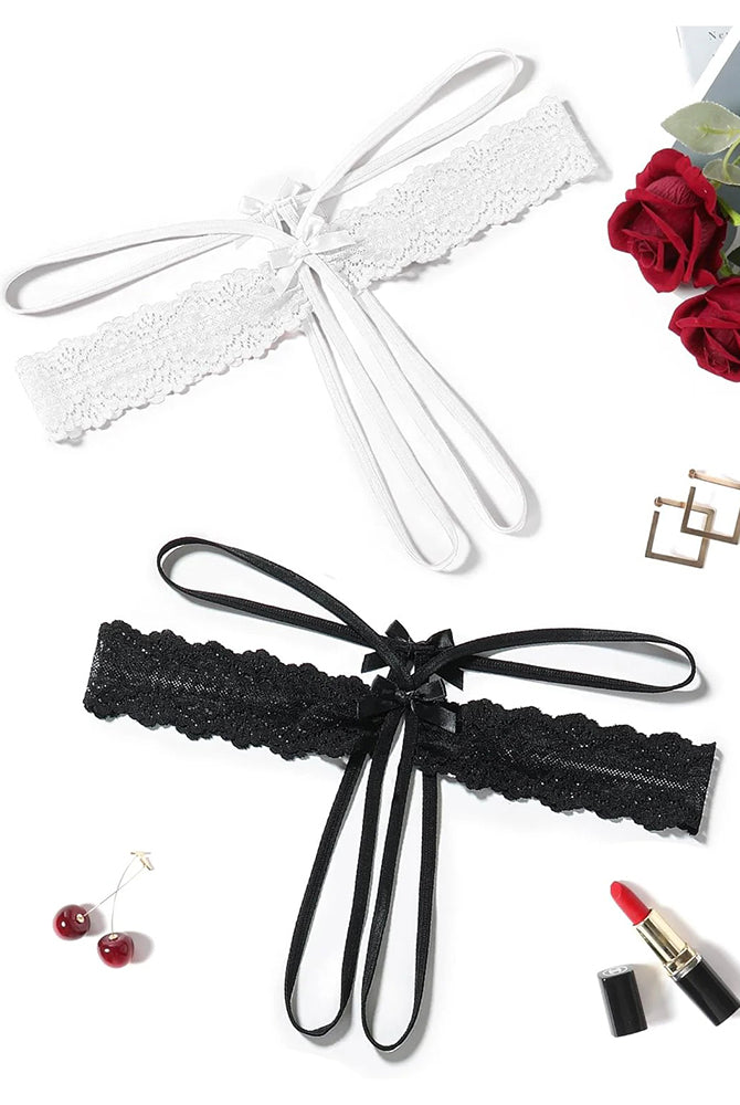 Lace hollow-out thong g-string underwear set in white and black with bow ties