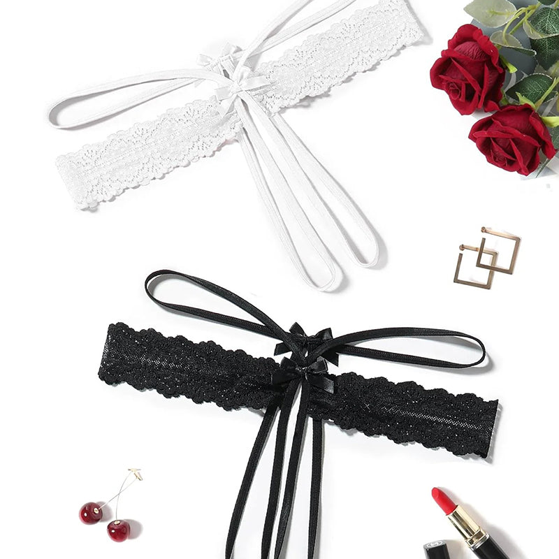 Lace thong G-string set with bow ties, white and black lace.