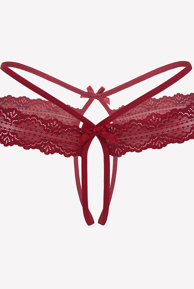 Maroon lace hollow-out thong g-string underwear with center bow and long ties