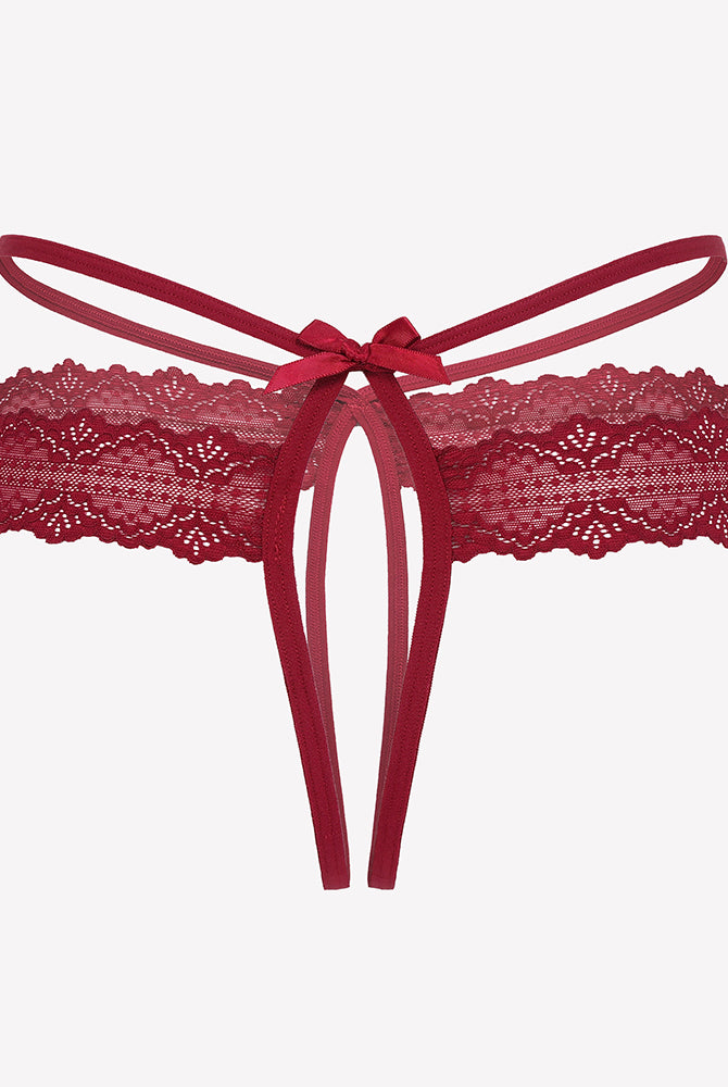 Maroon lace hollow-out thong g-string underwear with bow and hanging tie strands