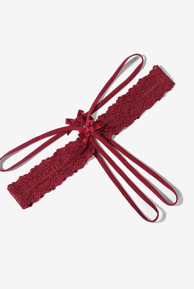 Lace hollow-out thong G-string with bow ties, wine red
