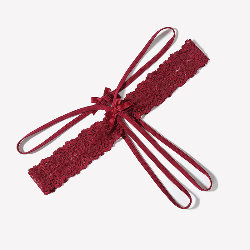 Red lace thong G-string with bow and long tie straps