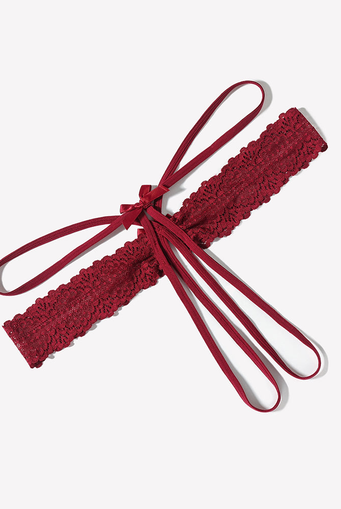 Dark red lace hollow-out thong g-string underwear with bow and long tie straps