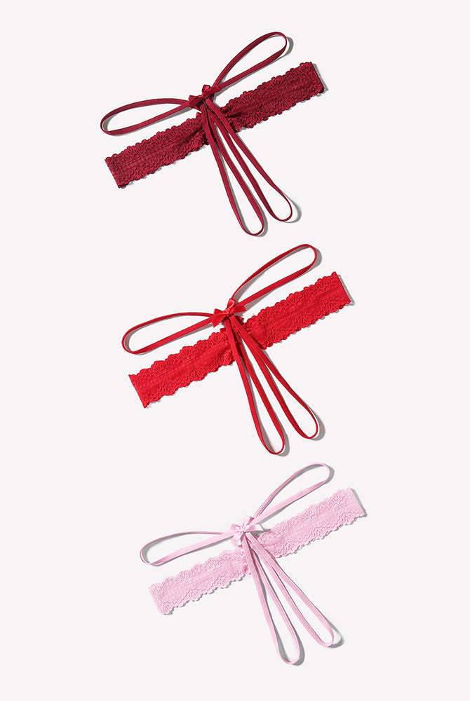 Lace hollow-out thong G-string with bow lace band and ribbon ties, red and pink