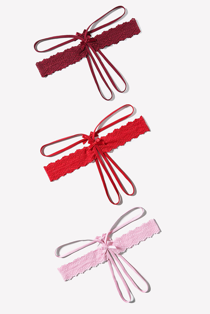Lace hollow-out thong G-string with bow lace band and ribbon ties, red and pale pink