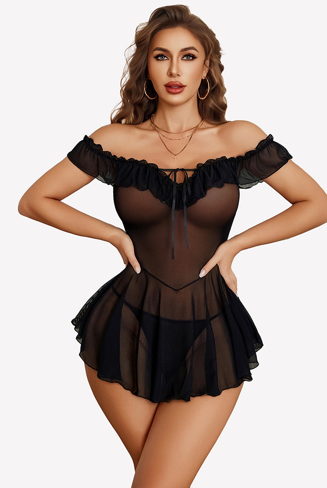 Black sheer mesh chemise with off-shoulder ruffle trim and drawstring V-neck front.