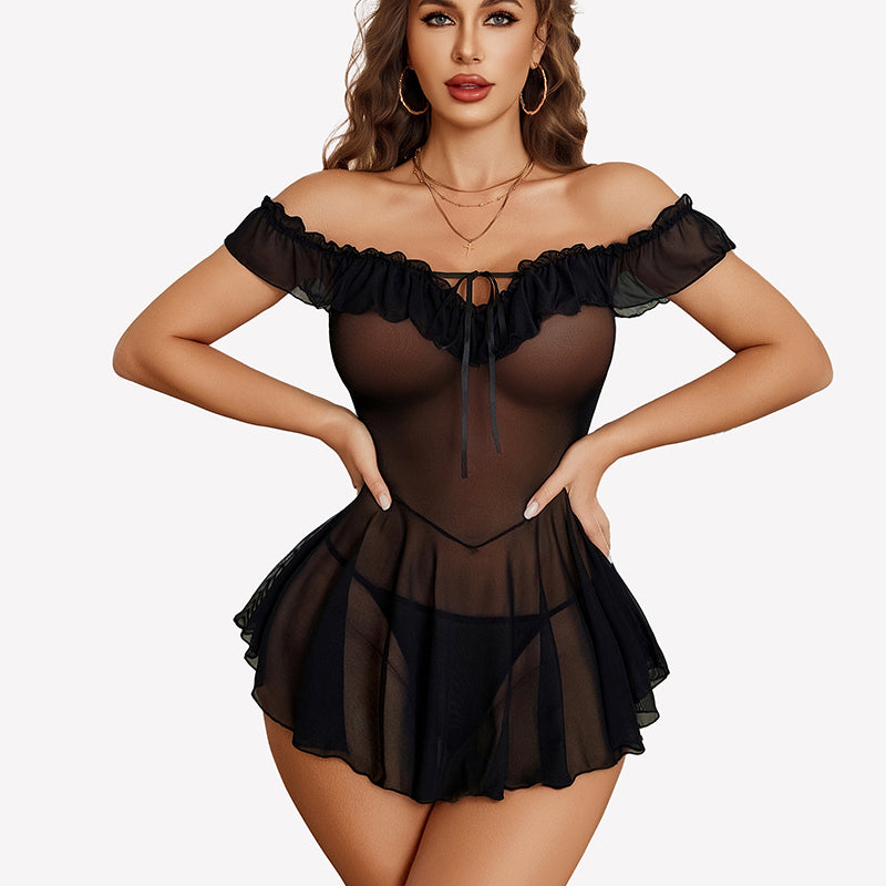 Black sheer mesh chemise with off-shoulder ruffle trim and drawstring V-neck front.