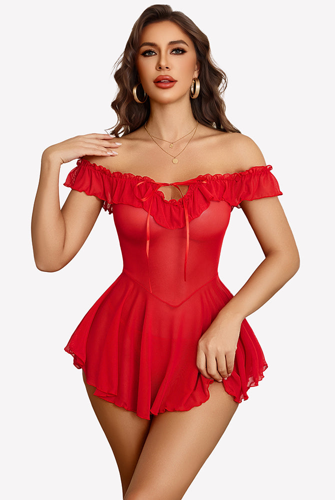 Red sheer mesh chemise with off-shoulder ruffle trim and short flared skirt hem.