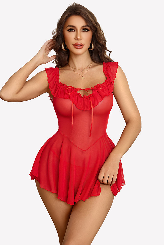 Red sheer mesh chemise with off-shoulder ruffle neckline and layered mini skirt.